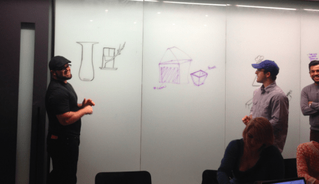 Trent Thompson regaled Matt Brigante and Leroy Tellez with his minimalist response to the design challenge to “bring nature indoors”. He opened a window and coaxed in a neighboring tree branch.