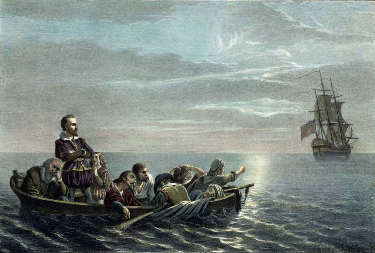 Henry Hudson, his young son and seven crew members cast adrift by mutineers on the Discovery, 1611.
